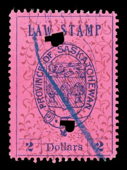 van Dam SL19a, 1907 Saskatchewan $2.00 Coat of Arms Law stamp, second printing, double impression of the purple print, with scroll background inverted, an extremely rare
example of this unusual double error stamp, with the doubling of the purple