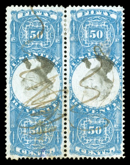 R115b, 50c Blue and black, Center Inverted, horizontal pair, deep colors, ms. cancels, both stamps with repaired punch cancel, fine appearance.
