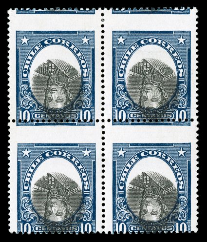 131c, 1916 10c Bernardo OHiggins, Center Inverted, a striking mint block of four from the first printing (type II), exceptionally bright and fresh, strongly off center to
bottom as are all known examples, o.g., top pair lightly hinged, bottom p