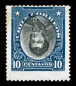 131c var., 1917 10c Bernardo OHiggins, Center Inverted, the rare type III, unlike the stamps found in the previous lot (type II), there was another printing made from a new
plate where the frame was redesigned just slightly (E of CHILE join