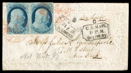 9, 1c Blue, Ty. IV, horizontal pair, positions 81-82L1L, position 81 being the scarce triple transfer, one Inverted variety, margins just touch at sides, clear at top and
bottom, tied to locally addressed petite embossed ladies cover by two
