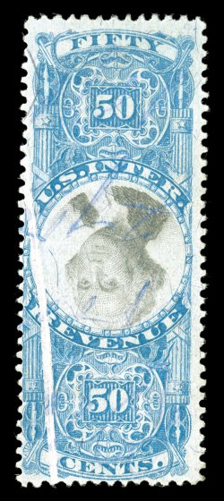 R115b var., 50c Blue and black, Center Inverted, pre-printing fold, a striking pre-printing fold at bottom left which was affixed to the document folded out since the cancel is
on the white folded part, light violet ms. cancel, tiny picked-out