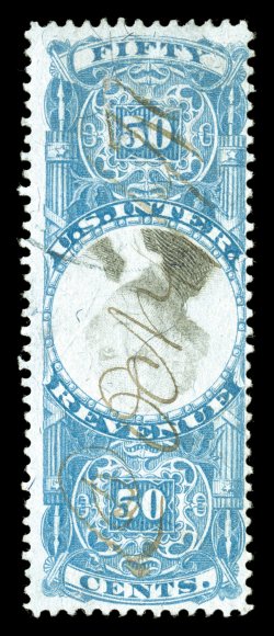 R115b var., 50c Blue and black, Center Inverted, double transfer of Fifty at top, rich colors, repaired punch cancel at top, fine appearance.
