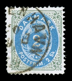 16c, 1871 2s Gray and ultramarine, Inverted Frame, used, portion of Copenhagen town c.d.s., attractively centered, fresh colors, nearly very fine (Facit 20
var.).