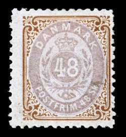 24b, 1870 48s Brown and lilac, Inverted Frame, a very fresh mint example of this rare variety, warm rich colors, o.g., h.r., small thin spot, otherwise fine the first such
example we have ever offered (Facit 27v1 23,000SK).