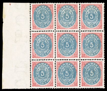 27b, 1879 5o Rose and blue, Inverted Frame, a superb mint example (position 61) contained within a magnificently fresh and choice left sheet-margin mint block of nine
(Positions 51-5371-73), as bright and fresh as if it were issued yesterday, p