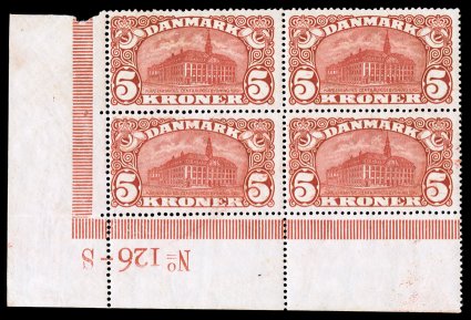 135, 1915 5K Post Office, perforated 14 x 14 12, a most impressive bottom left corner sheet-margin mint block of four, with inverted plate number No.126-S in bottom sheet
selvage, deep luxuriant color, o.g., n.h., bottom right stamp with