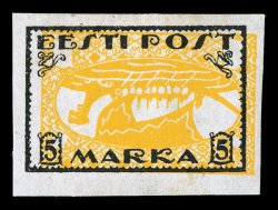 35 var., 1919 5M Viking Ship, Center Inverted, four huge margins, bright and fresh, o.g., extremely fine Scott recently has delisted this item, apparently because they
believed these were made years after the issuance of the stamp, but it is no