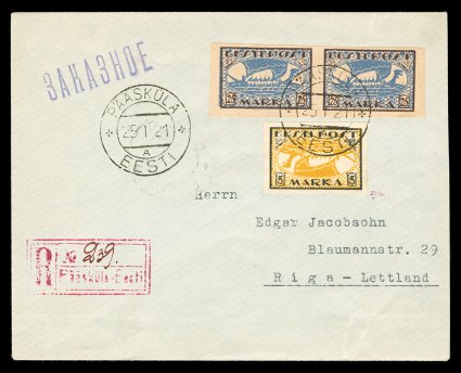 35 var., 1919 5M Viking Ship, Center Inverted, a choice four-margined single, tied to an immaculate registered cover along with a horizontal pair of 25M (37) by
Paaskula25.1.21Eesti c.d.s., addressed to Riga, Latvia and with arrival c.d.s.