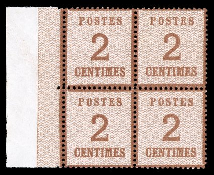 N9, 1870 2c Red brown, with network points down, a lovely post office fresh left sheet-margin mint block of four, incredibly bright, with strong color and impression on white
paper, exceptionally well centered, full clean o.g. with just a coup