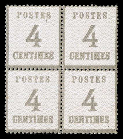 N10, 1870 4c Gray, with network points down, a very scarce and uncommonly fresh mint block of four, considerably stronger color than usual, o.g., never hinged, mild natural
horizontal gum bend on bottom pair of little importance, fine-very fine