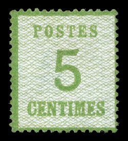 N11, 1870 5c Yellow green, with network points down, unused, traces of gum which may not be original, rich color, fine a rare stamp that is missing in most collections several
experts handstamps, including Pfenninger (Yvert 4b Ç8,050).