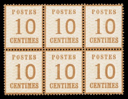 N12, 1870 10c Bister, with network points down, fresh mint block of six (3x2), lovely bright color and impression on crisp paper, unusually well centered, o.g., never hinged,
just the faintest trace of toning (largely at edges on reverse), other