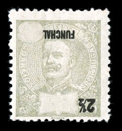 13 var., 1897 2 12r Gray, black 2 12 and FUNCHAL inscription Inverted, quite bright and fresh, nicely centered, o.g., small thin spot, otherwise very fine the first example of
this we have ever seen, unlisted in the major catalogs, but re