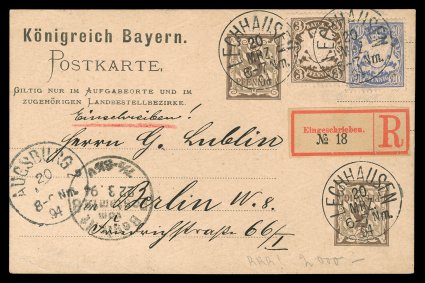 1892-93 3pf + 3pf Brown postal card, with one Impression Inverted, rare used card sent registered to Berlin, with additional 3pf and 20pf adhesives, all tied by neat strikes
of Lechhausen20 Mrz. 94 c.d.s., including one perfect strike on the i