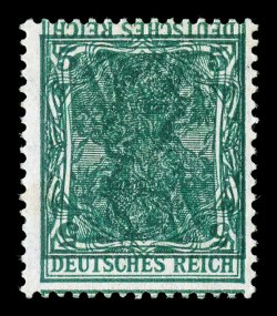 Michel 85IIaDK, 1915 5pf Russian green Germania, double impression, one inverted, an exceptionally choice example of this striking error, with two very strong and well shifted
impressions, one being inverted, intense color, well centered, o.g.