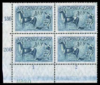 155a, 1921 20M Indigo and green, watermarked lozenges, green Background Inverted, a pristine bottom left corner sheet-margin block of four of this elusive and unusual error,
brilliantly fresh, outstanding centering and margined, o.g., never hing