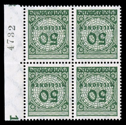 289b, 1923 50M Dull olive green, Value Inverted, handsome left sheet-margin mint block of four, flawlessly centered, deep rich color, o.g., top pair lightly hinged, bottom
pair never hinged, extremely fine each stamp with tiny experts handstam
