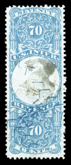 R117a, 70c Blue and black, Center Inverted, attractive color, blue handstamp and light herringbone cancel which does not break the paper (a rare trait), small thin spots and
faint creasing, fine appearance as mentioned in the previous lot, this