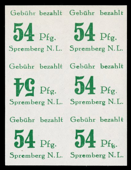 Michel 9AXIII14BK, 1946 5pf to 54pf Spremberg locals, Inverted and Lying Down Numerals, six different values in mint blocks of six, each with a single variety contained within
the multiple, 5pf and 8pf with lying down numerals, 6pf and 54pf blo