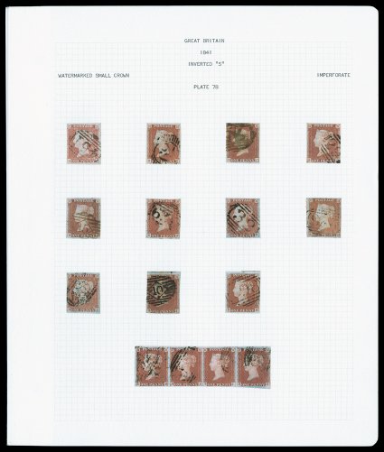 3 var., 8 var., 1841 1p Red brown imperforate, and 1854-55 1p Red brown perforated, marvelous specialized collection of Inverted S corner letters, a lifetime accumulation of
these fascinating and distinctive varieties, being a particular favor