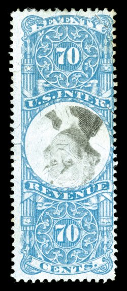 R117a, 70c Blue and black, Center Inverted, fresh colors, herringbone cancel breaks the paper and caused the top right corner to come off and it has been re-attached with a
hinge, fine appearance.
