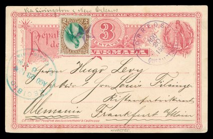 22a, 1881 2c Quetzal, Center Inverted, a highly select well centered example tied to lovely 3c Red postal card to Frankfurt, Germany by a petite fancy purple star postmark,
with matching CorresAgo 20 1883Quezaltenango c.d.s., bluish green tr