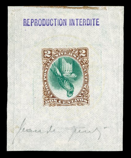 22a var., 1881 2c Quetzal, Center Inverted, Sperati forgery, a handsome large die proof (measuring 50x63mm) produced by this master forger, with violet straight line
Reproduction Interdite handstamp at top, as well as being lightly signed in p
