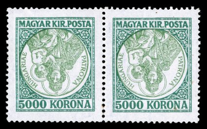 386a, 1923 5000k Madonna and Child, Center Inverted, a spectacular horizontal pair of this famous inverted center rarity, wonderfully fresh, bright colors, flawlessly centered
within huge margins, o.g., left stamp very lightly hinged, right stam