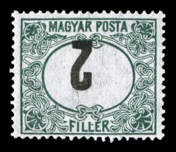 J65a, 1919-20 2f Green and black postage due, Center Inverted, brilliantly fresh, strong colors, o.g., lightly hinged, very fine and quite scarce, in fact this is the first
example of this error we have ever offered in our auctions (Michel 52I)