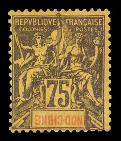 19a, 1892-96 75c Deep violet on orange, INDO-CHINE inscription in bottom tablet inverted, a wonderfully fresh mint example of this important and desirable rarity, possessing
strong rich colors and impression on crisp paper, full o.g., fine 