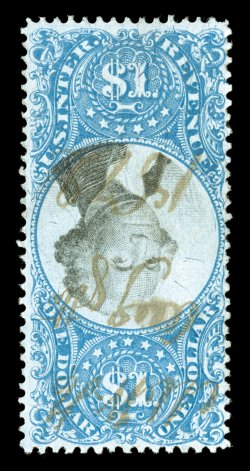 R118a, $1.00 Blue and black, Center Inverted, lovely rich colors and uncommonly strong impressions, 1872 ms. cancel, fine an especially challenging invert to find both sound
and without a punch cancel.