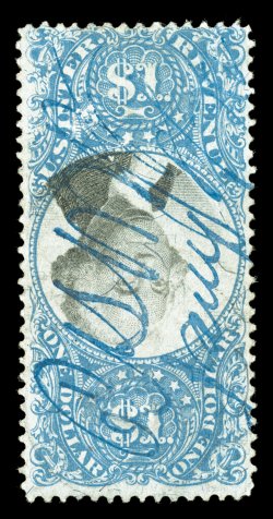 R118a, $1.00 Blue and black, Center Inverted, attractive colors, blue ms. cancel as well as a repaired punch cancel, tiny pinhole, fine appearance.
