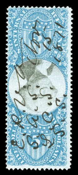 R127a, $5.00 Blue and black, Center Inverted, bright fresh colors, neat 1871 ms. cancel, fine this is one of the very few examples of the Five Dollar Inverted Center that
exists both completely sound and without a cut cancel.