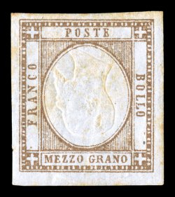 20c, 1861 12g Bister, Head Inverted, handsome mint example of this scarce stamp, featuring four large to huge margins, rich color and strong embossing, full o.g., just the
faintest trace of minor gum toning not mentioned on accompanying certifi