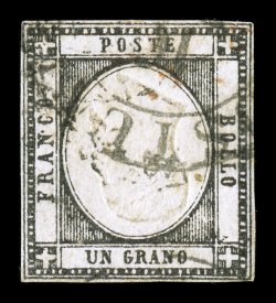 21a, 1861 1g Black, Head Inverted, used (only exists thus), neat portion of double ring town c.d.s., margins close all around but clear and balanced, trivial thin spot,
otherwise fine signed E. Diena (Sassone 19e Ç2,500).