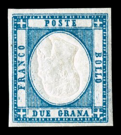 22b, 1861 2g Blue, Head Inverted, gem mint example, fabulously bright and fresh, four large and uniformly balanced margins, prooflike color and strong embossing, o.g., lightly
hinged, extremely fine signed A. Diena and accompanied by his 1968 c