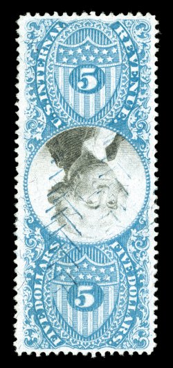 R127a, $5.00 Blue and black, Center Inverted, remarkably well centered and margined, strong rich colors on fresh white paper, light blue herringbone cancel just breaks the
paper in a few places, extremely fine certainly one of the finest cent