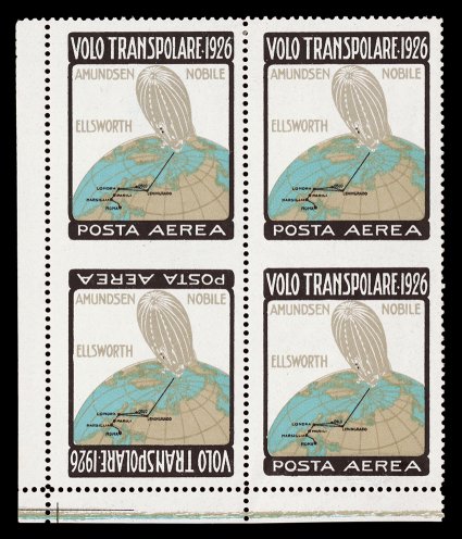 Sanabria S3f, S3g, S3i, 1926 Nobile Trans-Polar flight vignette, Frame Inverted, small specialized group, very scarce group of four multiples each with inverted frame
se-tenant with a normal frame, includes perforated and imperforate se-tenant p