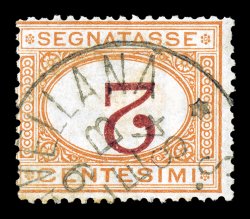 J4a, 1870 2c Buff and magenta postage due, Numeral Inverted, an exceptional used example of this rarity, being in a condition far superior to most existing copies, wonderfully
postmarked with a neat town c.d.s. dated 1884, centered just a bit to