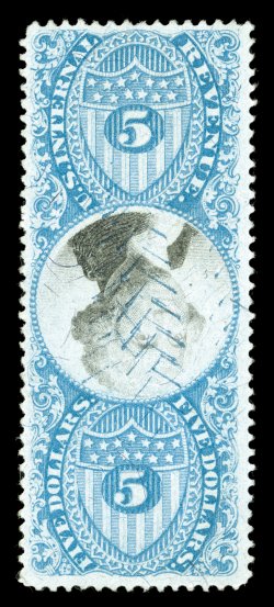 R127a, $5.00 Blue and black, Center Inverted, well centered, uncommonly fresh, light blue herringbone cancel barely breaks the paper, faintest trace of a horizontal crease,
very fine.