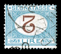 J15a, 1870 2L Light blue and brown postage due, Numeral Inverted, used, light strikes of c.d.s. postmarks, warm rich colors, couple of really trivial perforation flaws of
little consequence, centered just to top right, fine for this very rare st