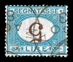J17a, 1874 5L Blue and brown postage due, Numeral Inverted, attractive used example of this scarce stamp, light strikes of c.d.s. postmarks, rather well centered for the
issue, a single slightly pulled perforation at left, still fine (Sassone 1