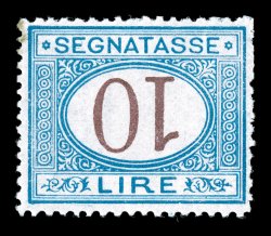 J19a, 1874 10L Blue and magenta postage due, Numeral Inverted, an immensely rare mint example of the inverted numeral error of the Ten Lira 1874 Postage Due, more than likely
one of only four known mint or unused examples and believed to be th
