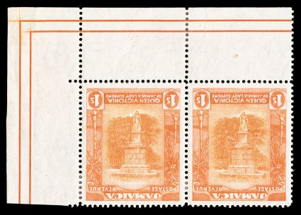 83a, 1920 1- Bright orange and orange, Frame Inverted, an absolutely magnificent mint top left corner sheet-margin horizontal pair of this important and popular inverted
rarity, being in an overall condition that is simply remarkable, possessin