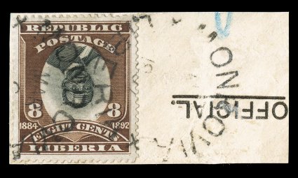 37a, 1892 8c Brown and black, Center Inverted, exceptionally well centered example, with deep rich colors, tied to small piece by Monrovia c.d.s., the piece itself with
wrinkles and bends away from stamp, very fine much scarcer used than mint,
