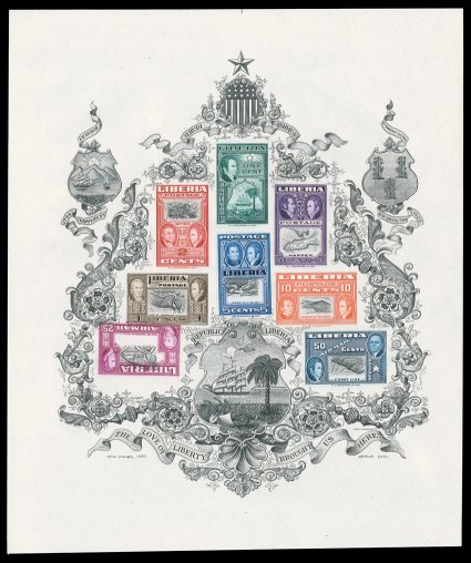 C69a var., 1952 James Monroe and Jehudi Ashmun souvenir sheet of eight, a visually striking and scarce group of five souvenir sheets, each with a major error displayed,
including two with the Frame Inverted on the 25c air post stamp (catalog