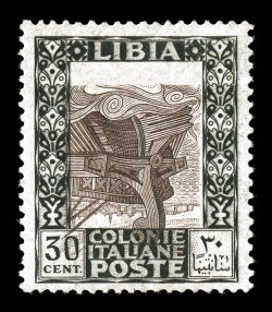 26a, 1921 30c Black and black brown, Center Inverted, highly select mint example of this very scarce error, well centered, deep rich colors, o.g., lightly hinged, very fine
signed A. Diena (Sassone 27c Ç2,800).