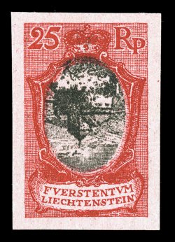 63 var., 1921 25rp Rose red and black plate proof, Center Inverted, choice four-margined single, with huge balanced margins all around, deep luxuriant colors, extremely fine
and handsome a corner sheet-margin example of this proof with an inver