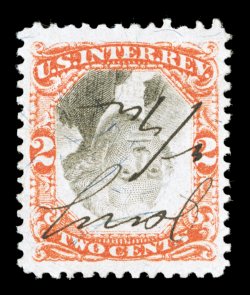 R135b, 2c Orange and black, Center Inverted, beautifully centered within large margins, bright colors, neat ms. cancel, extremely fine a choice quality Two Cent
Invert.